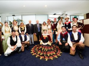 Mrs. Sophia Vaharis Tsouvelekakis-President of the Hellenic Community of Monaco, H.S.H. Prince Albert II, Mr. Timothy Molyneux- President of the American Club of the Riviera, Mrs. Eleni Tsaldari- President of the Lyceum Club of Greek Women, Folk Dancers from Greece