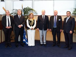 From left to right: H.E. Ambassador of France to Monaco Mr. Laurent Stefanini, H.E. Prime Minister Mr. Pierre Dartout, Mrs. Sophia Vaharis Tsouvelekakis – President of the Hellenic Community of Monaco, H.S.H. Prince Albert II, Mr. Timothy Molyneux -President of the American Club of the Riviera, Mr.Petros Machas- Honorary Consul General of Greece in the Principality of Monaco
